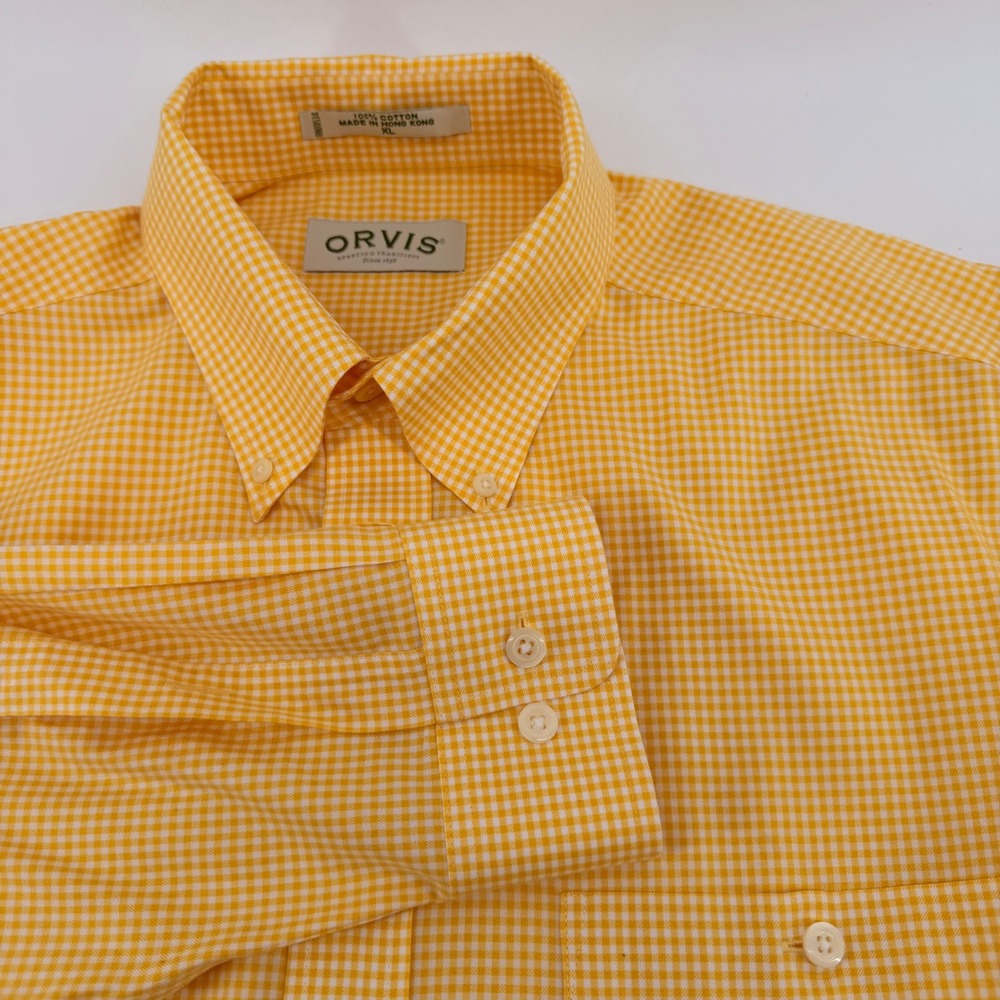 Orvis Button Down Shirt Mens XL Yellow Gingham Check Cotton Long Sleeve Sporting